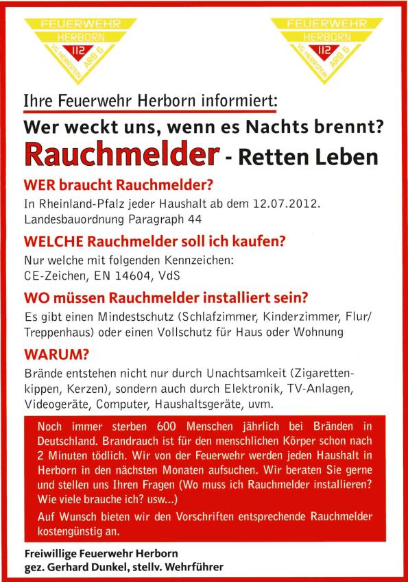 Freiwillige Feuerwehr Herborn (Hunsrück, RheinlandPfalz) Rauchmelder können Leben retten